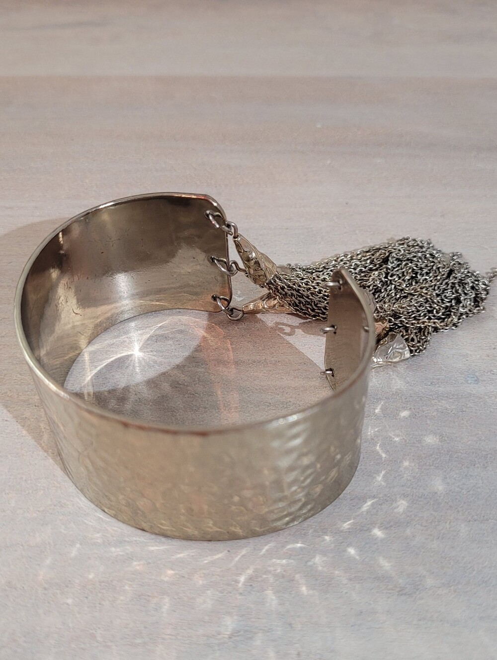 Silver-Tone Women's Hammered Wide Cuff Bracelet with Chain Fringe Jewelry